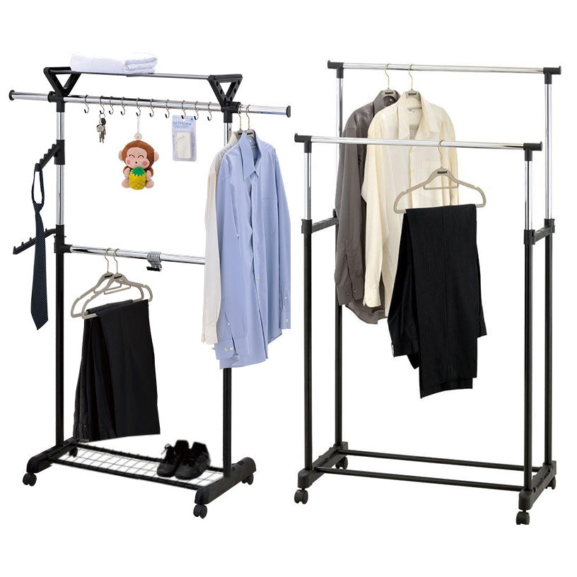 Adjustable Clothes Coat Garment Hanging Rail Rack Storage Double Stand Castors Adjustable Clothes Coat Garment Hanging Rail Rack Storage Double Stand Castors
